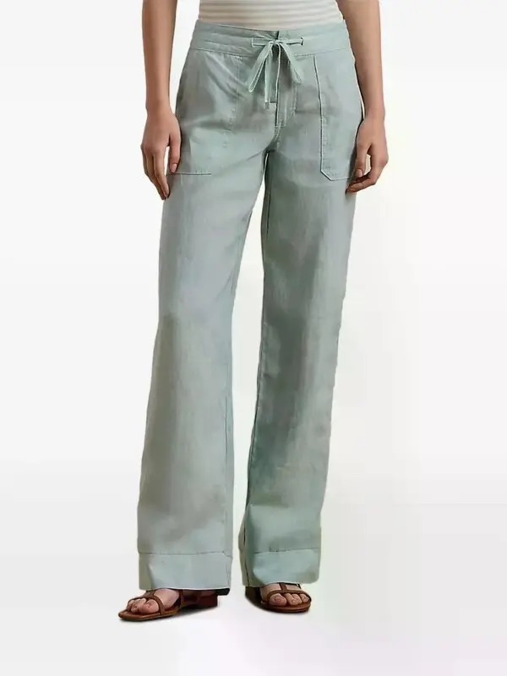 Ralph Lauren Light Sage Green 100% Linen Wide-Leg Drawstring Pants